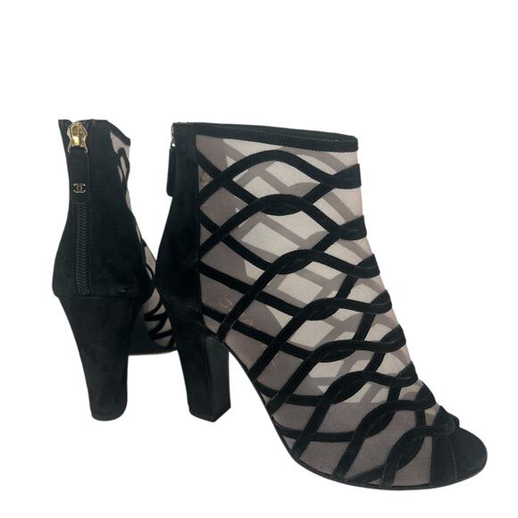 Chanel 2018 Black Suede Mesh Peep Toe CC Logo Ankle Boots - Picture 3 of 16
